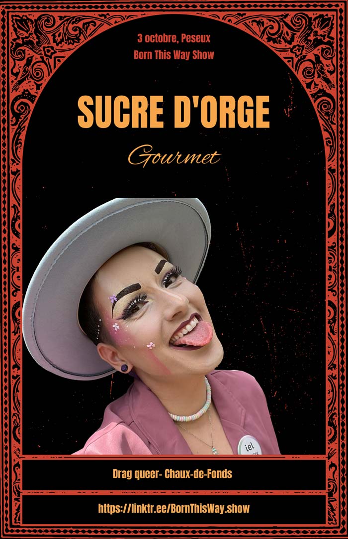 Karaoqueer au Saxo avec Sucre d'Orge, vendredi 23 janvier dès 21h30, photo de Sucre d'Orge tirant la langue avec une sucette en arrière plan
